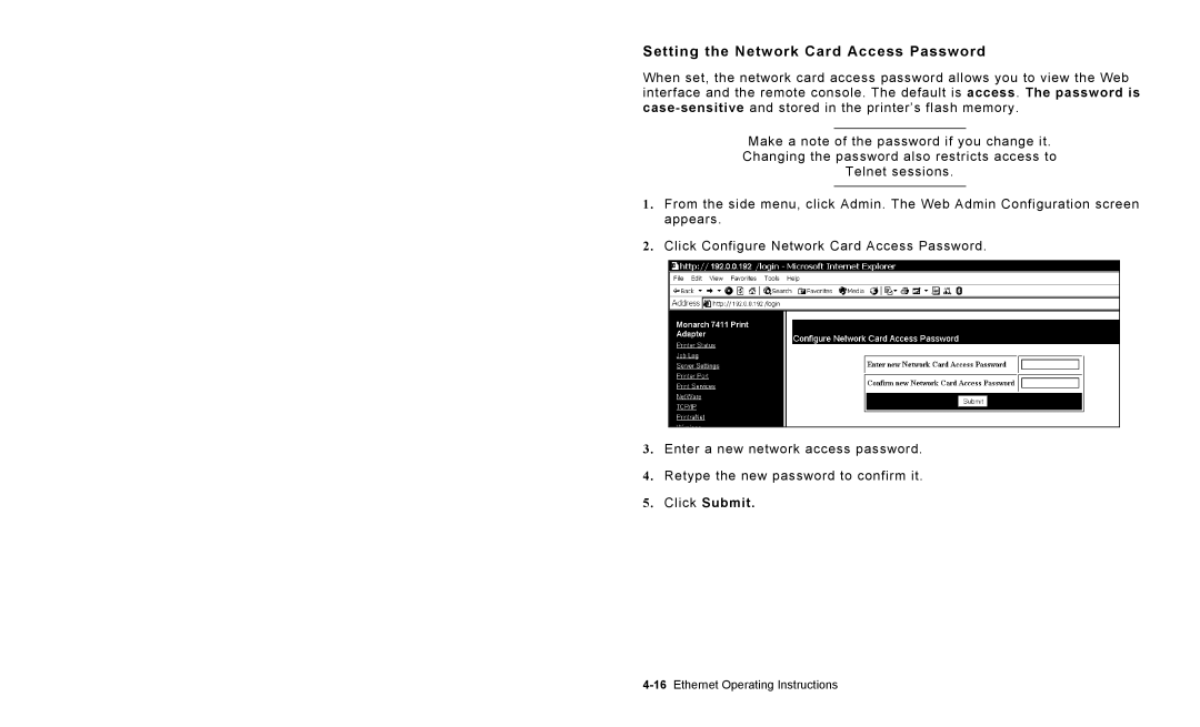 Avery 7411 manual Setting the Network Card Access Password 