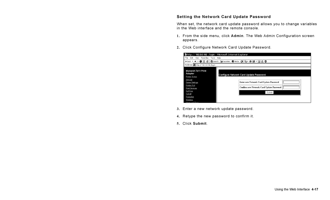 Avery 7411 manual Setting the Network Card Update Password 