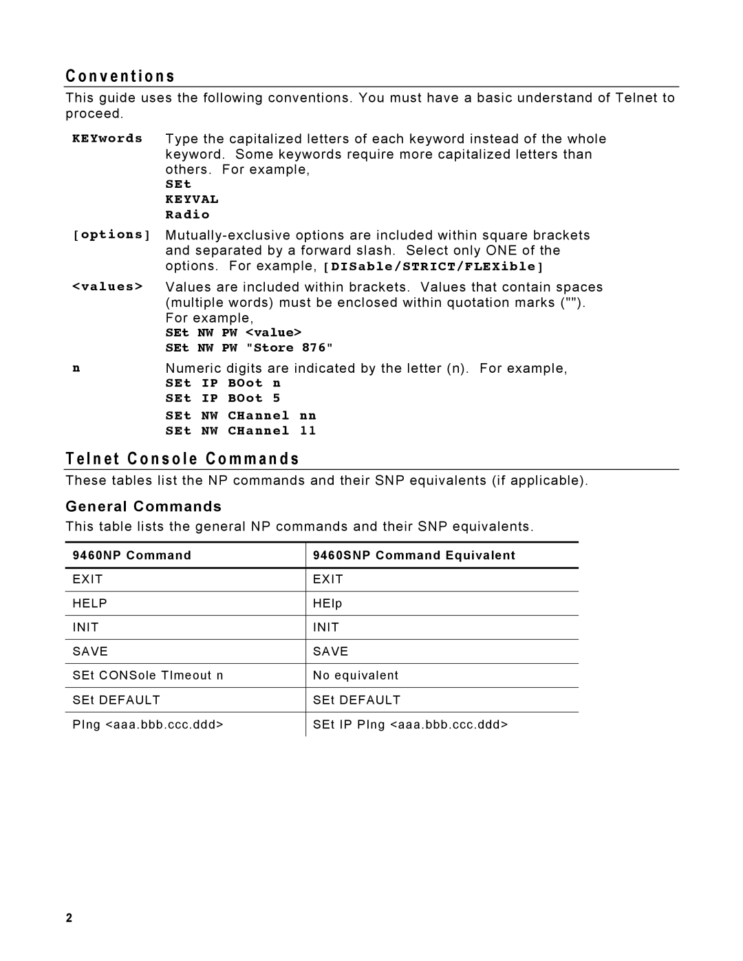 Avery 9460 manual N v e n t i o n s, L n e t C o n s o l e C o m m a n d s, General Commands 