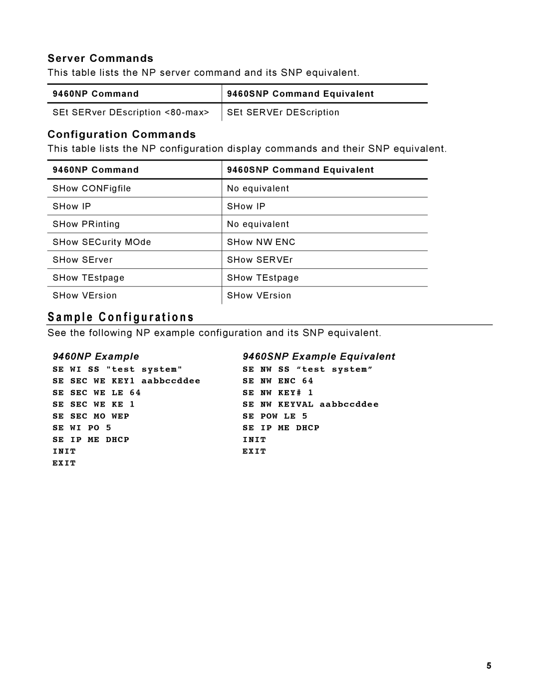 Avery 9460 manual M p l e C o n f i g u r a t i o n s, Server Commands, Configuration Commands 