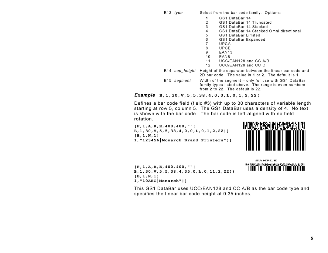 Avery 9855, 9860, 9825 manual Example B,1,30,V,5,5,38,4,0,0,L,0,1,2,22, Upca Upce 