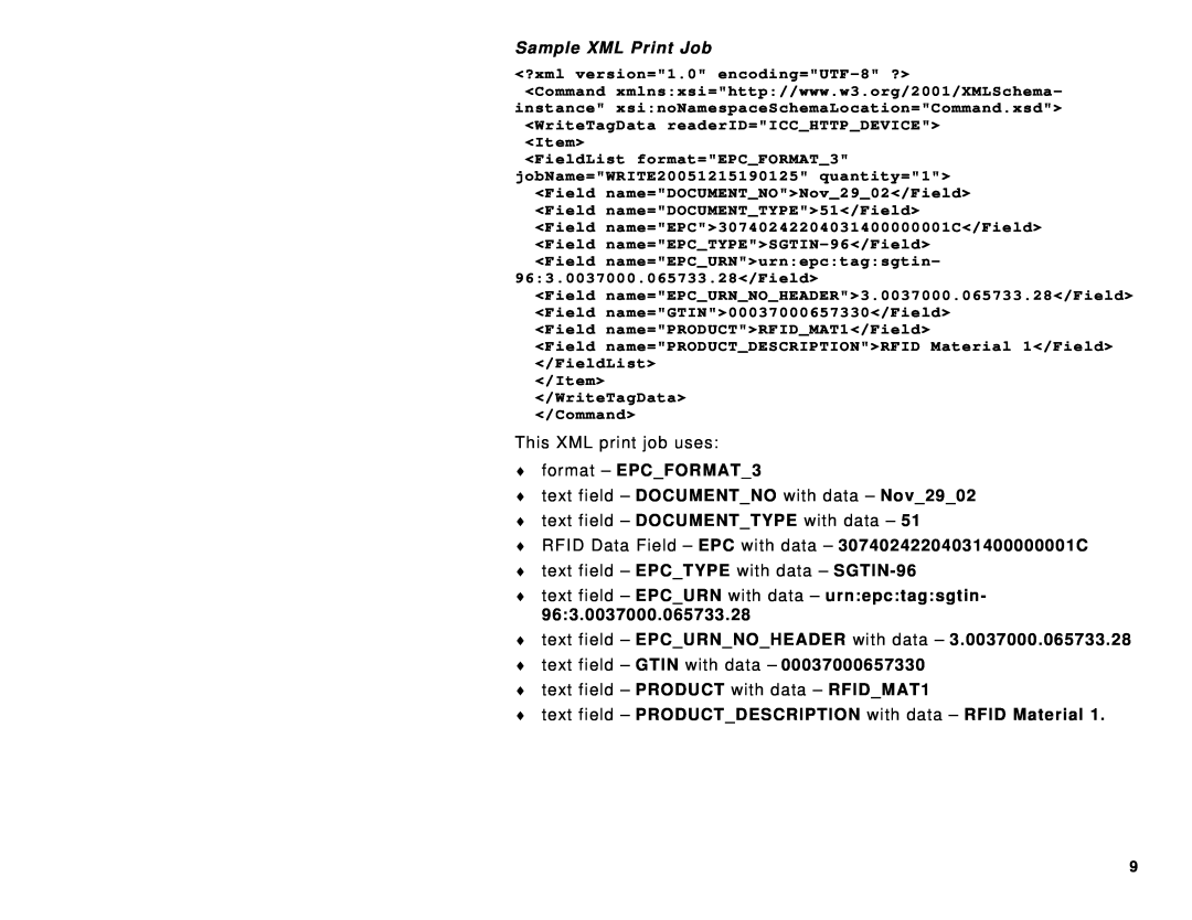 Avery 9860 text field - EPCURN with data - urnepctagsgtin, text field - EPCURNNOHEADER with data, Sample XML Print Job 