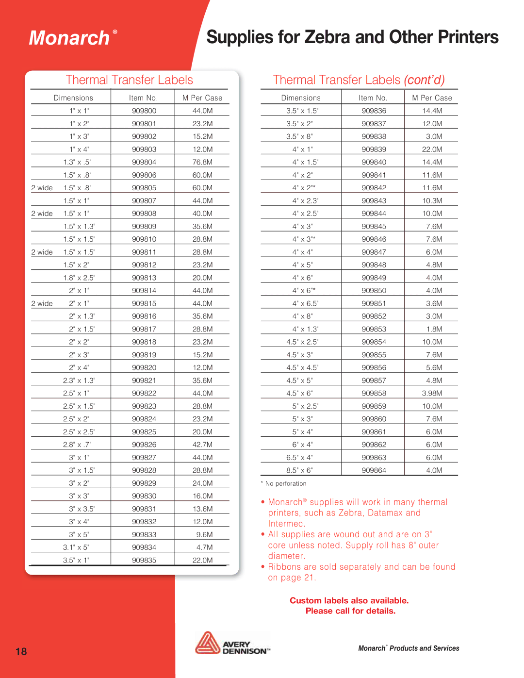 Avery 9864, 9860, 9825, 9855, 9854, 6032, 6039, 9800, 9416 Supplies for Zebra and Other Printers, Thermal Transfer Labels cont’d 