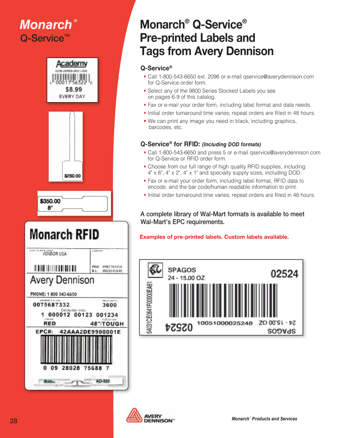 Avery 9825, 9860, 9864, 9855, 9854, 6032, 6039, 9800, 9416 manual Monarch Q-Service, Pre-printed Labels 