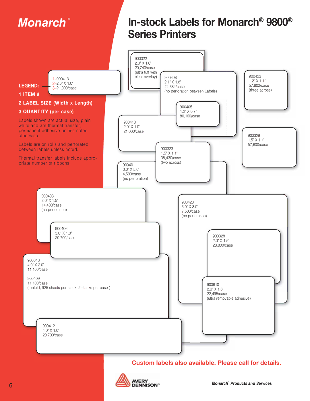 Avery 9800, 9860, 9864, 9825, 9855, 9854, 6032, 6039, 9416 Series Printers, Item # Label Size Width x Length Quantity per case 