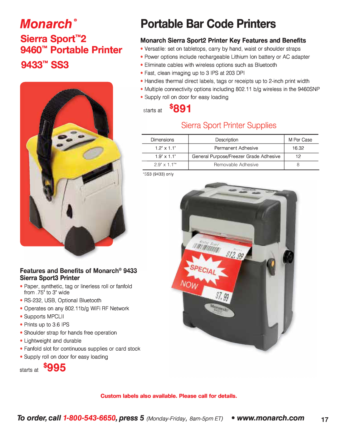 Avery 9860 Portable Bar Code Printers, Sierra Sport2, Portable Printer, 9433 SS3, Sierra Sport Printer Supplies, Monarch 