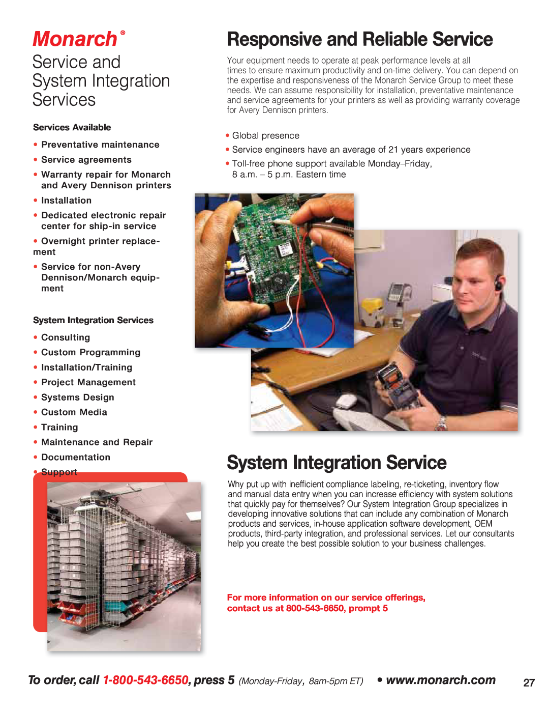 Avery 9864, 9860 Responsive and Reliable Service, Monarch, Service and System Integration Services, Services Available 