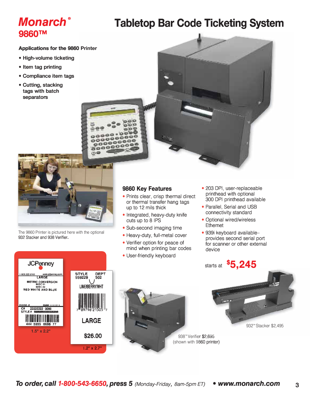 Avery 9854, 9864, 9825 Tabletop Bar Code Ticketing System, Key Features, Monarch, Applications for the 9860 Printer 