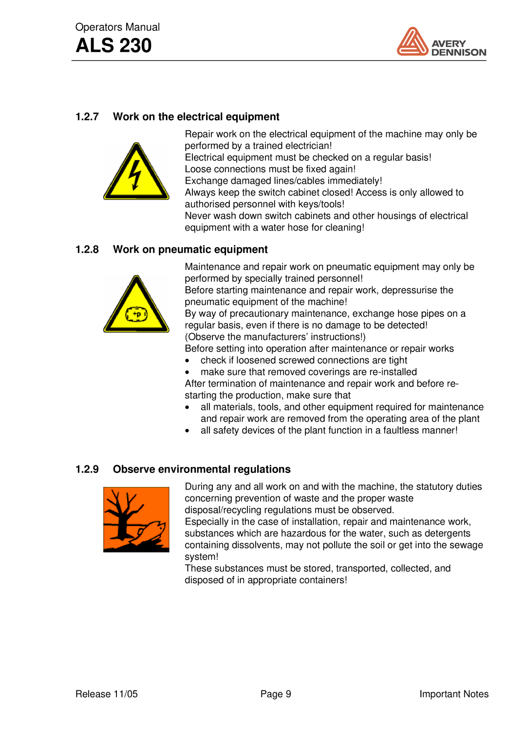 Avery ALS 230 manual Work on the electrical equipment, Work on pneumatic equipment, Observe environmental regulations 