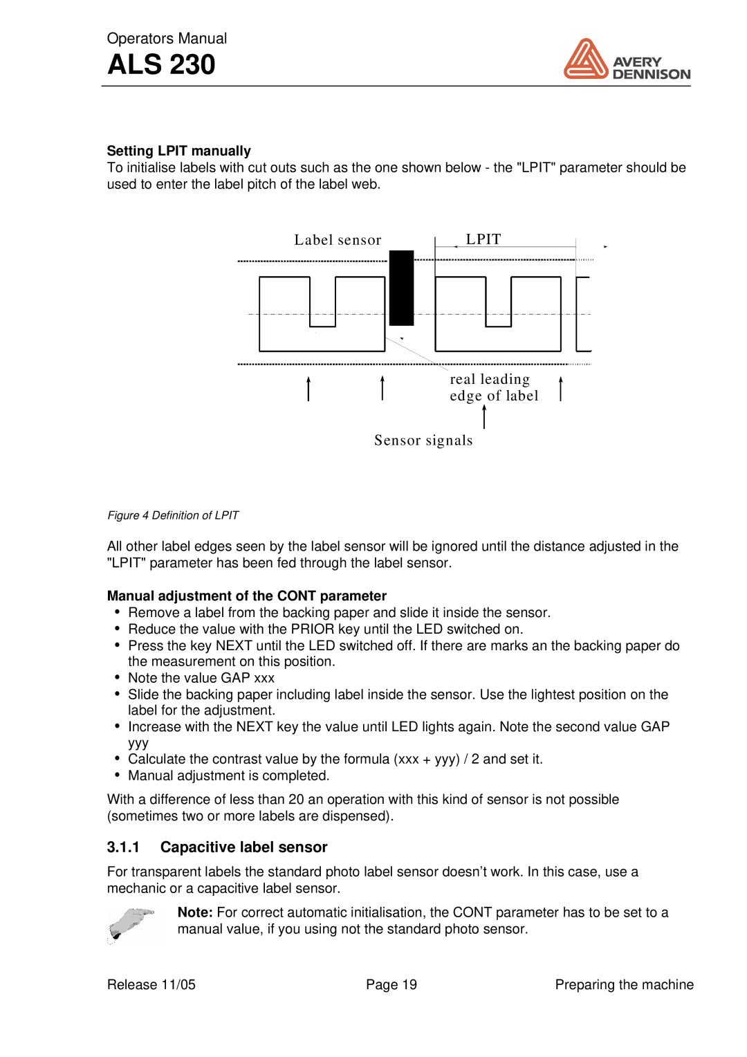 Avery ALS 230 Capacitive label sensor, Setting Lpit manually, Manual adjustment of the Cont parameter 