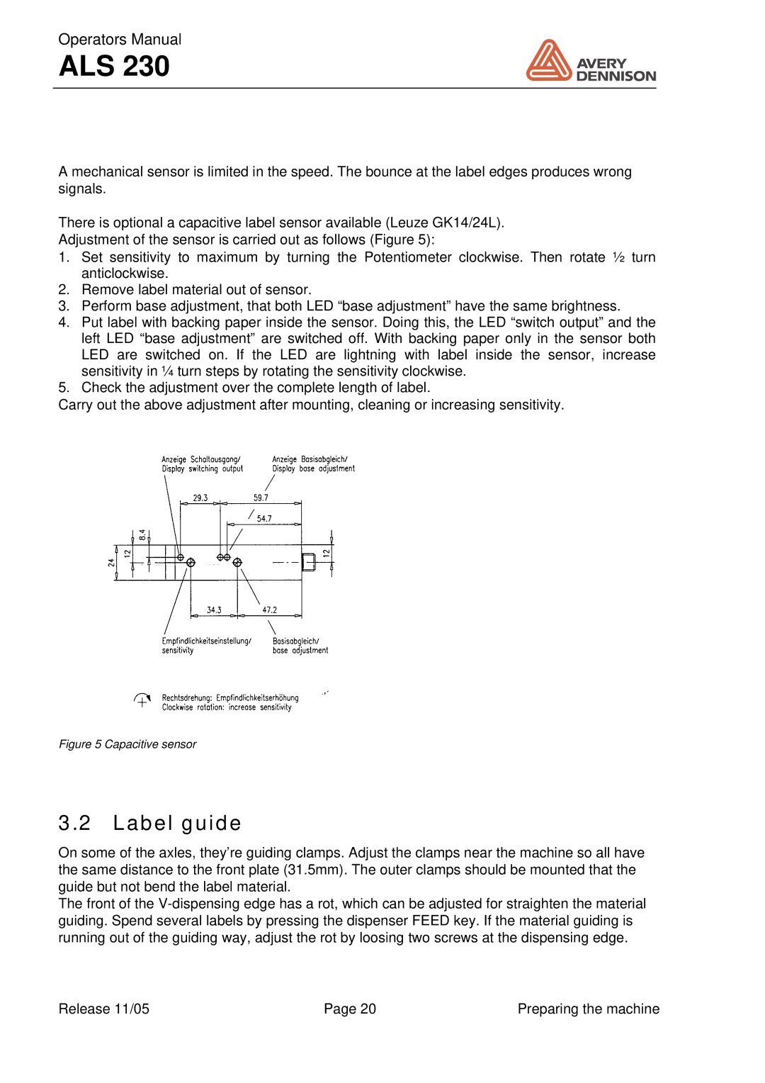 Avery ALS 230 manual Label guide, Capacitive sensor 