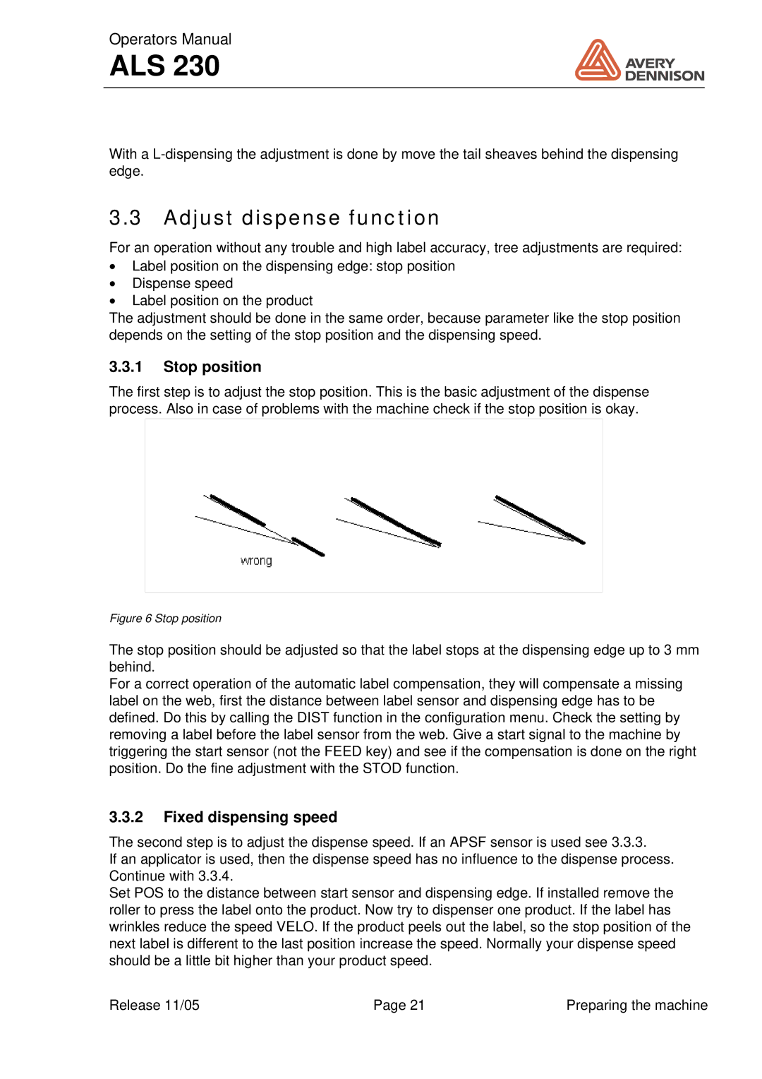 Avery ALS 230 manual Adjust dispense function, Stop position, Fixed dispensing speed 