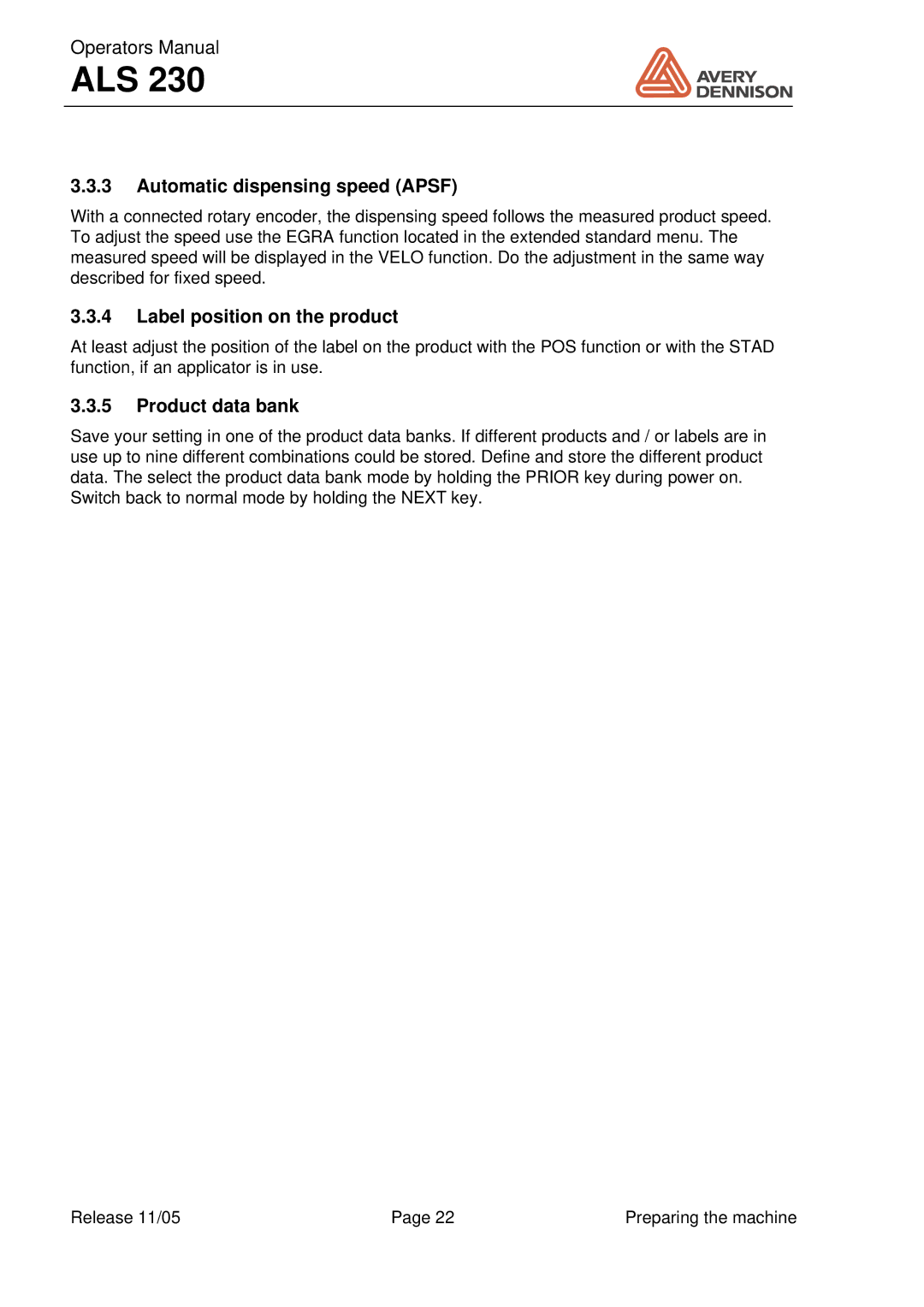 Avery ALS 230 manual Automatic dispensing speed Apsf, Label position on the product, Product data bank 