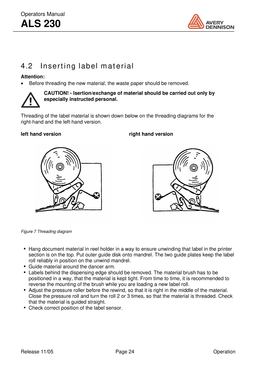 Avery ALS 230 manual Inserting label material, Left hand version 