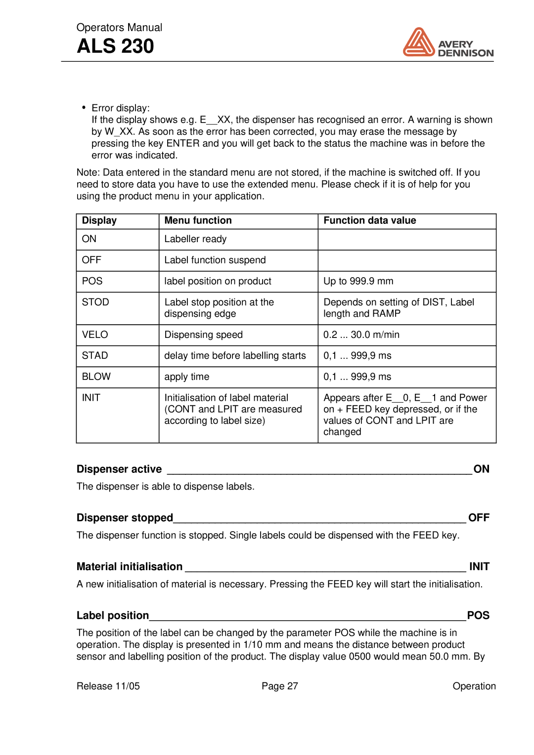 Avery ALS 230 manual Dispenser active on, Dispenser stopped OFF, Material initialisation Init, Label positionPOS 