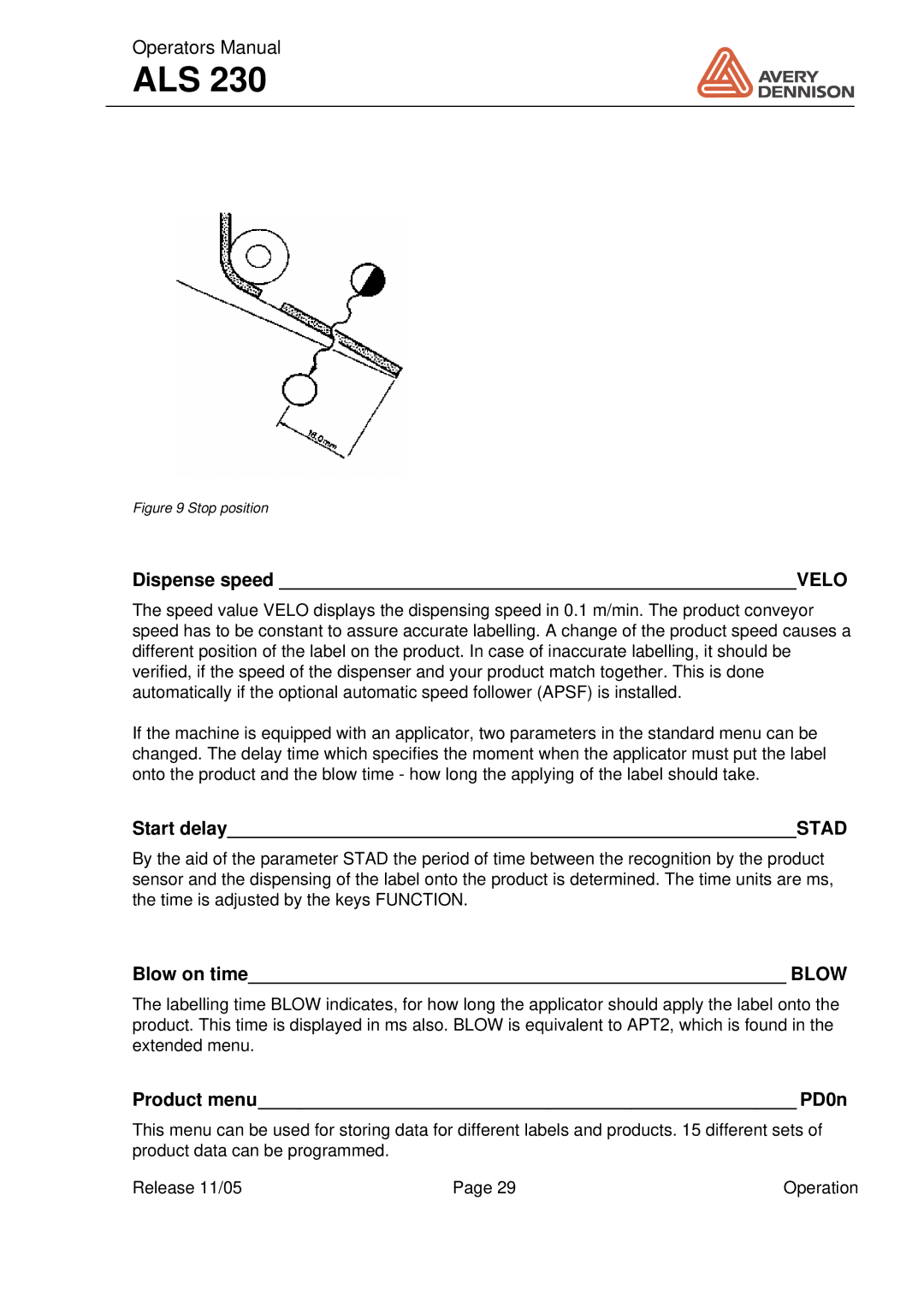 Avery ALS 230 manual Dispense speed Velo, Start delaySTAD, Blow on time Blow, Product menu PD0n 