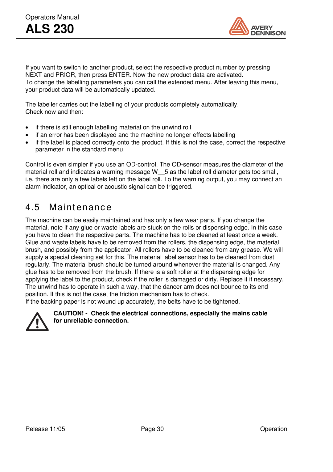 Avery ALS 230 manual Maintenance 