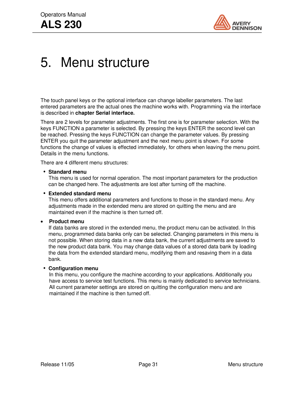 Avery ALS 230 manual Menu structure, Standard menu, Extended standard menu, Product menu, Configuration menu 