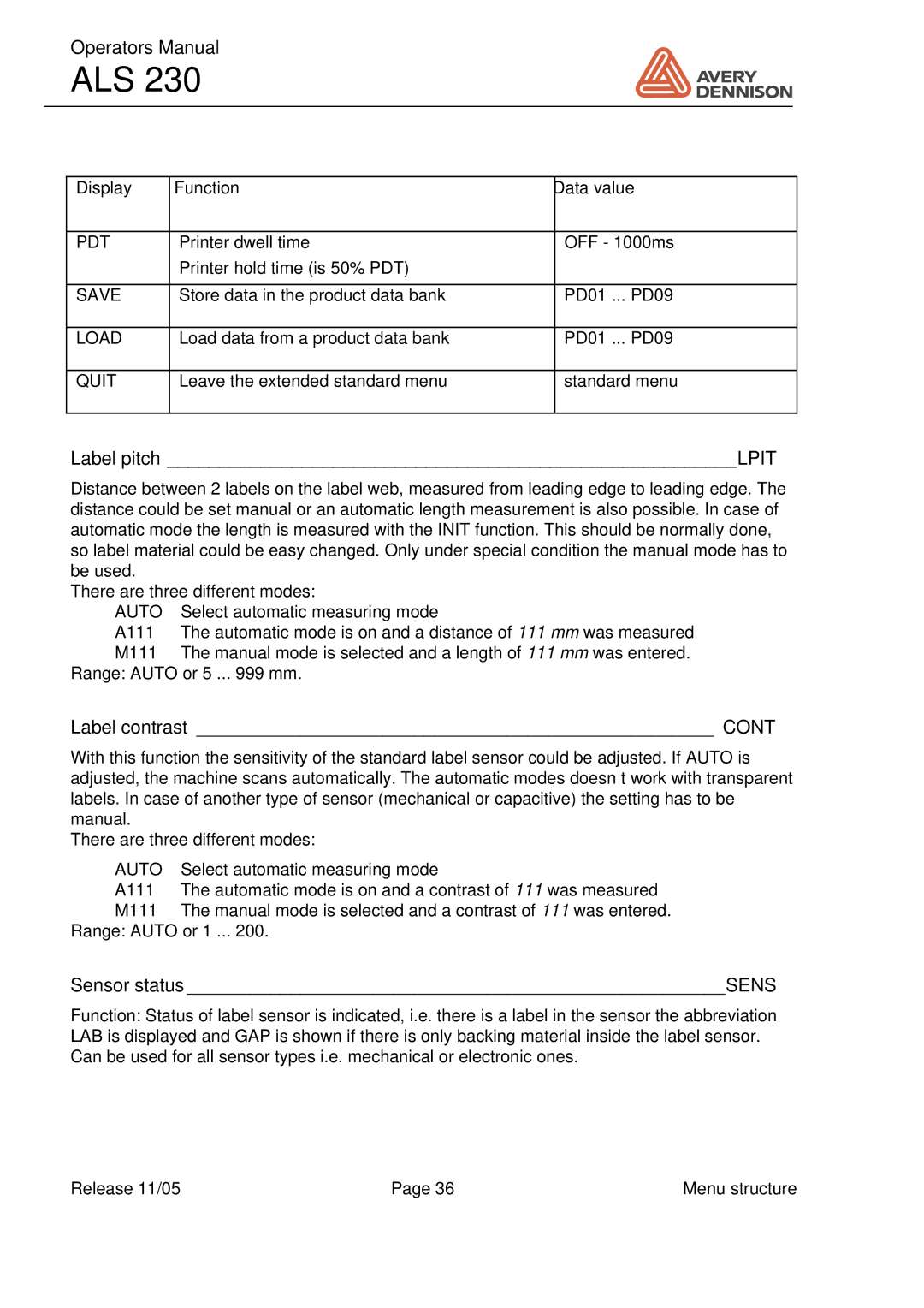 Avery ALS 230 manual Label pitch Lpit, Label contrast, Sensor status Sens 