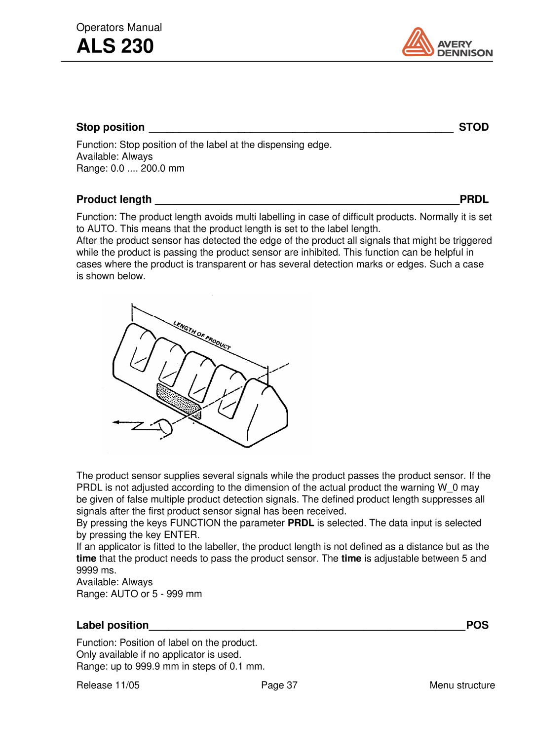 Avery ALS 230 manual Stop position Stod, Product length Prdl 