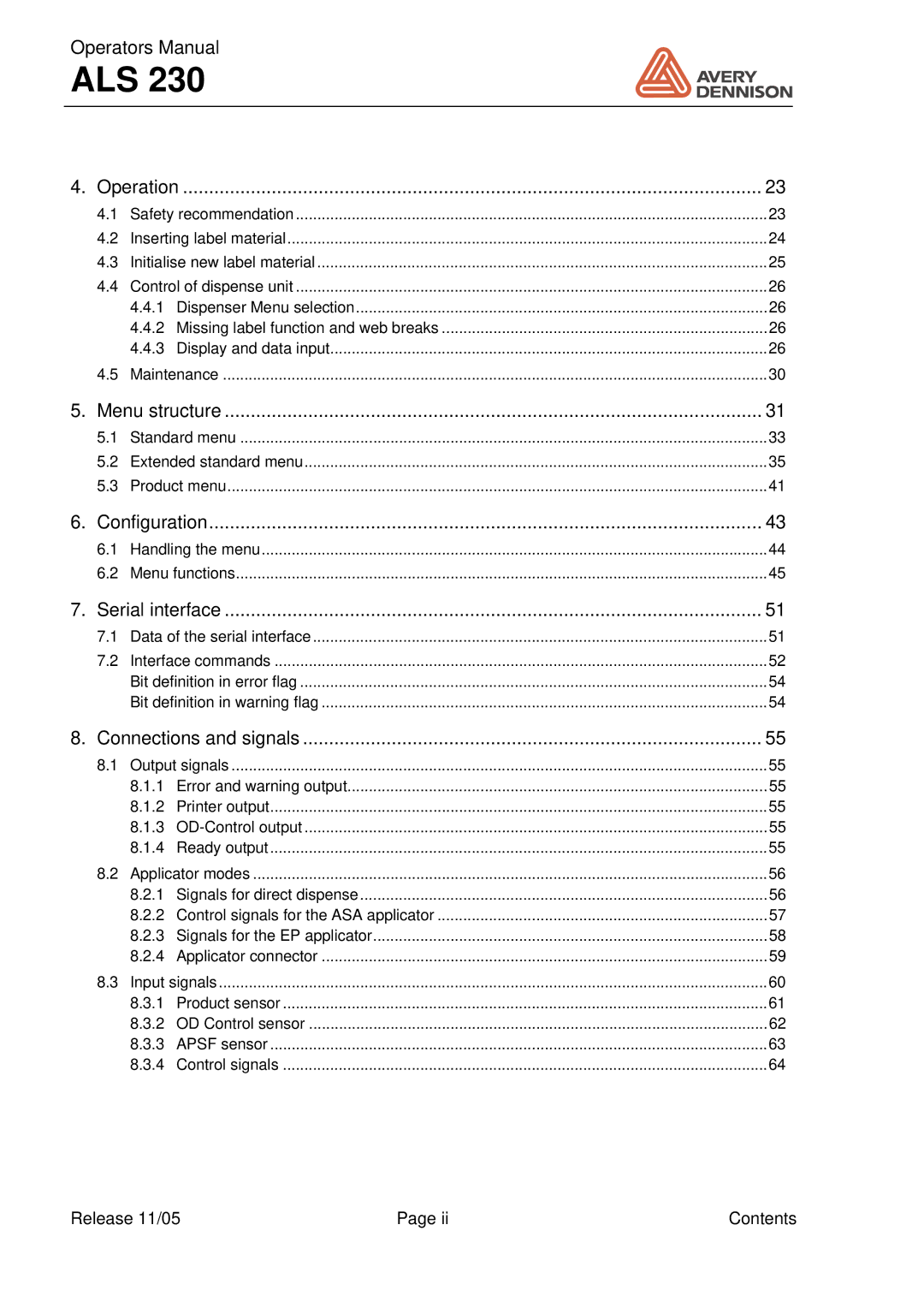 Avery ALS 230 manual Menu structure 