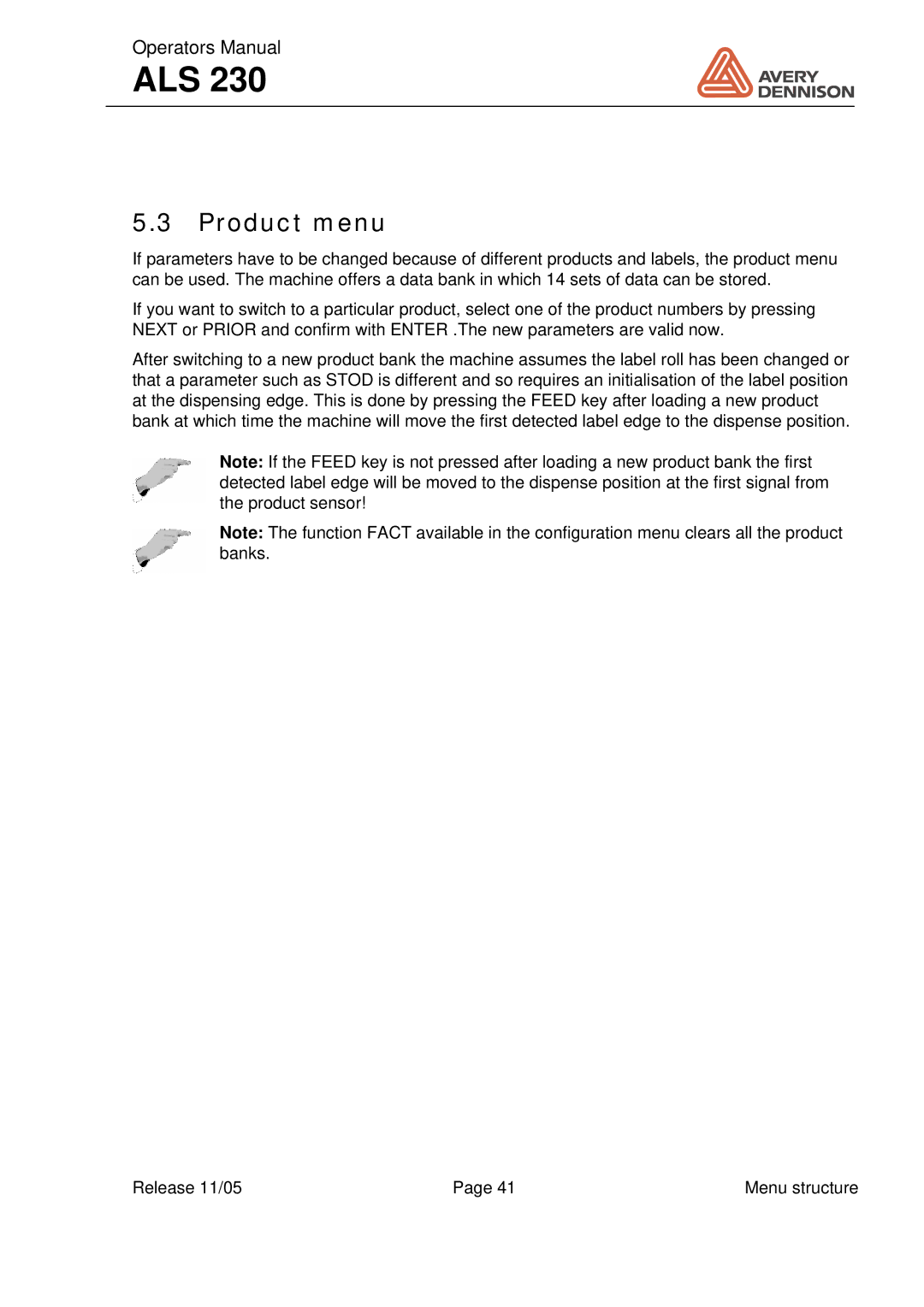 Avery ALS 230 manual Product menu 