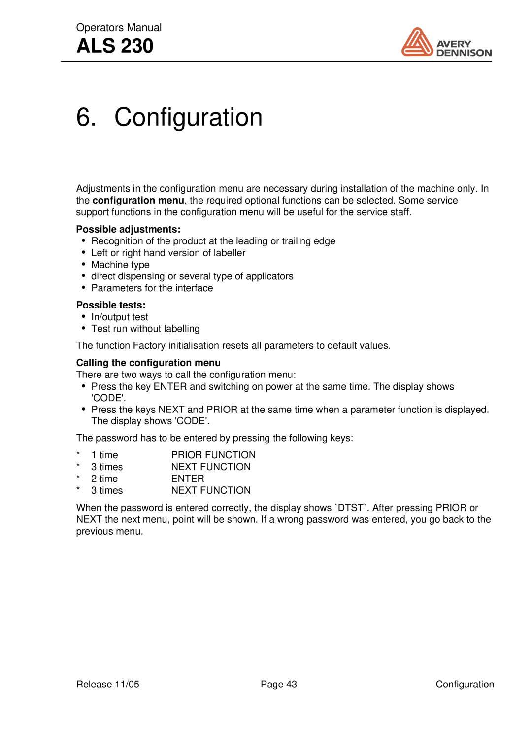 Avery ALS 230 manual Configuration, Possible adjustments, Possible tests, Calling the configuration menu 