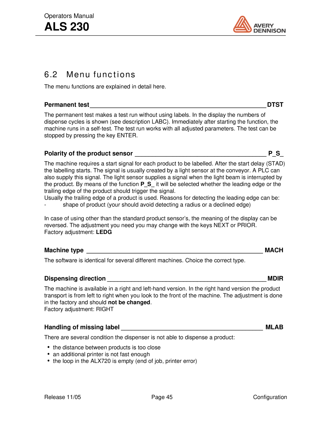 Avery ALS 230 manual Menu functions 