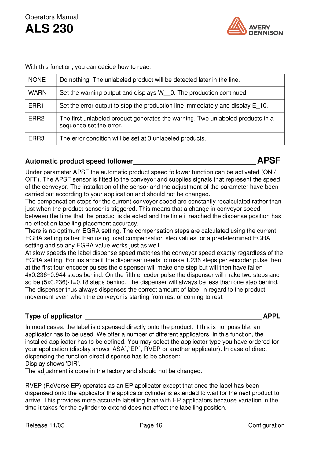 Avery ALS 230 manual Automatic product speed followerAPSF, Type of applicator Appl 