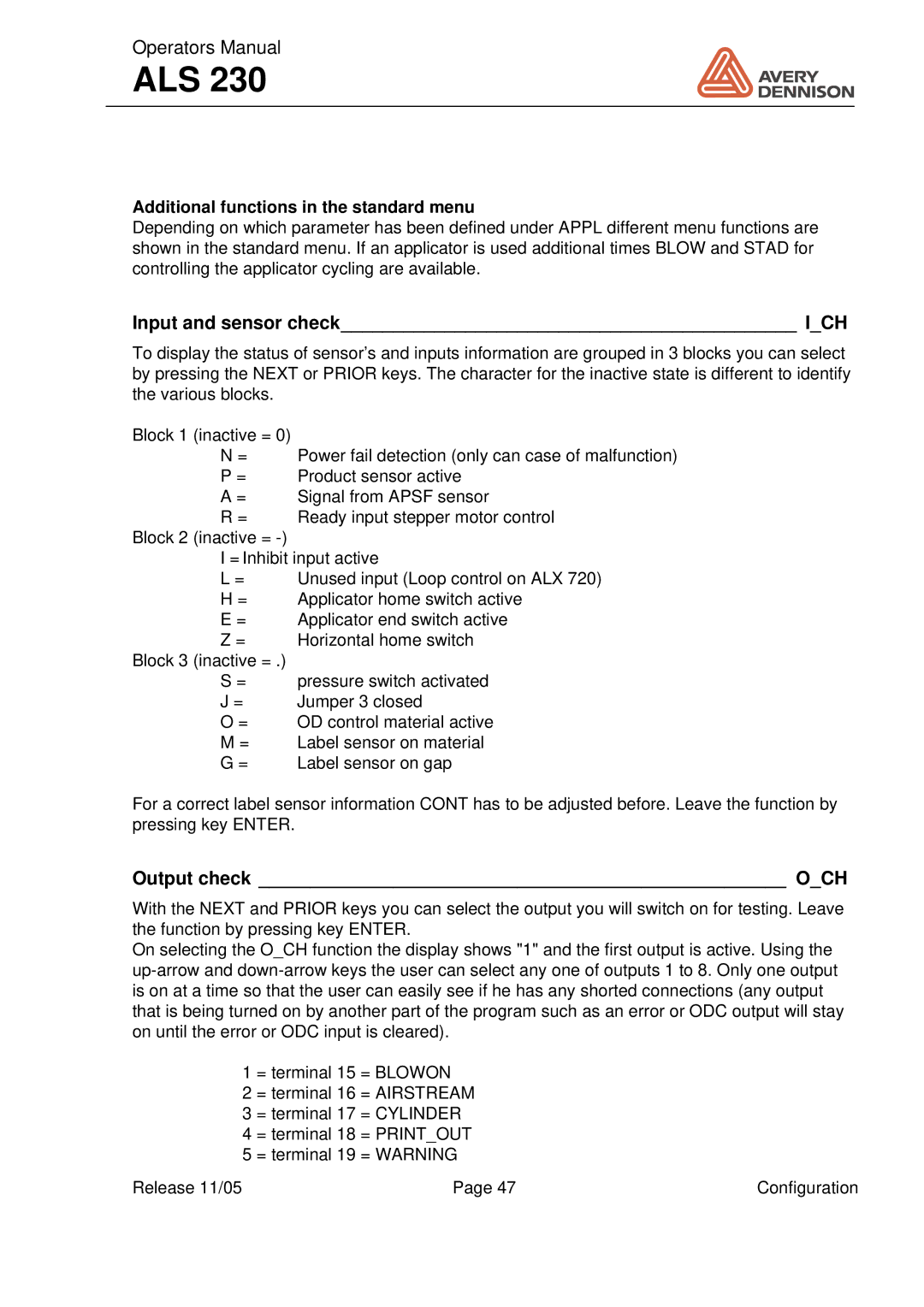 Avery ALS 230 manual Input and sensor check ICH, Output check OCH, Additional functions in the standard menu 