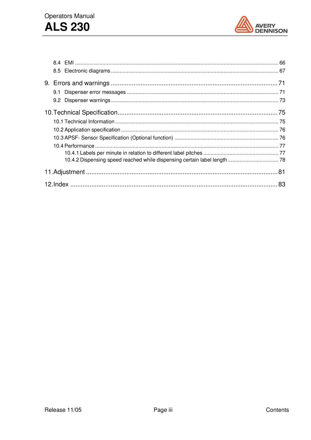 Avery ALS 230 manual Errors and warnings 