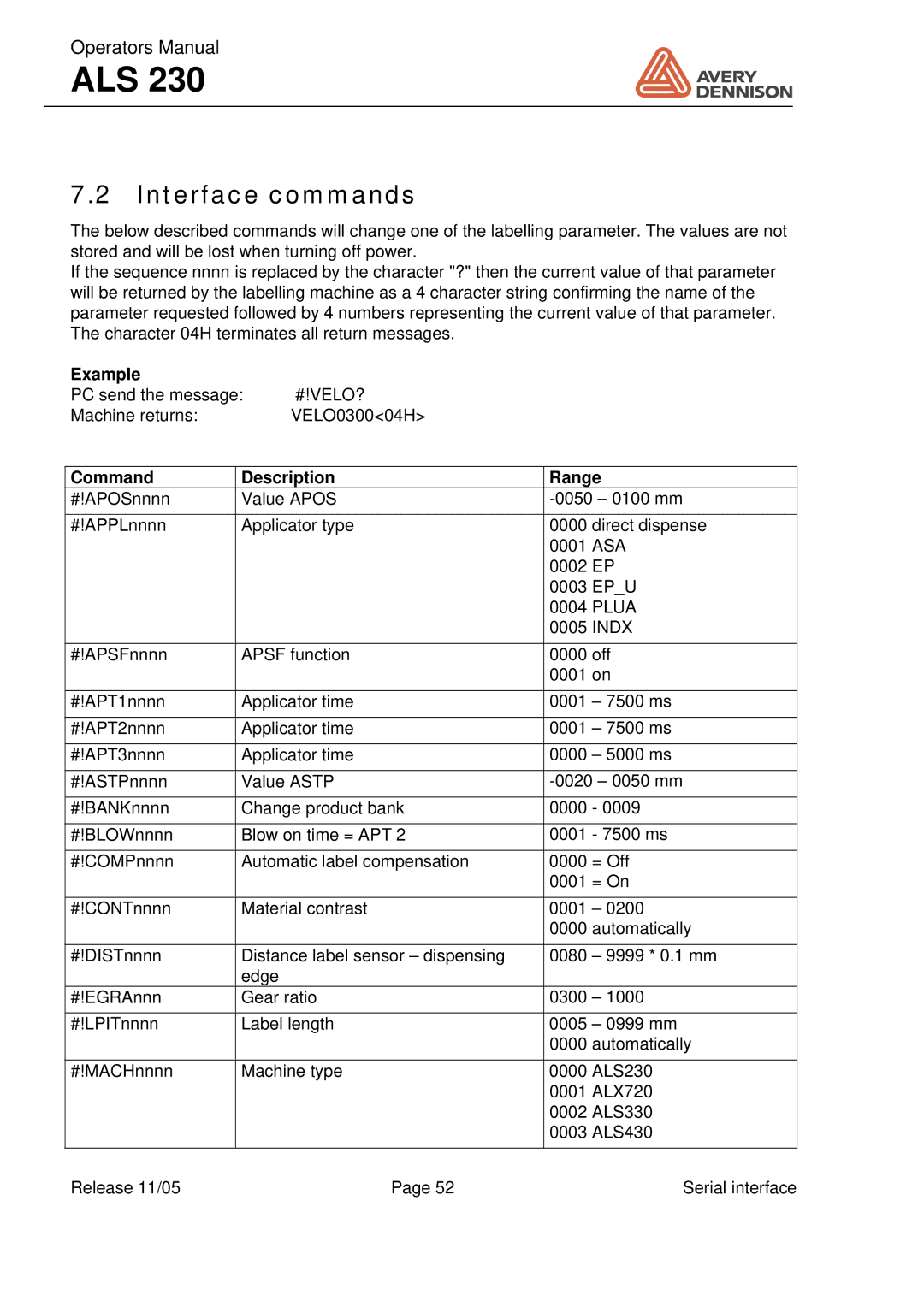 Avery ALS 230 manual Interface commands, Example, Command Description Range 