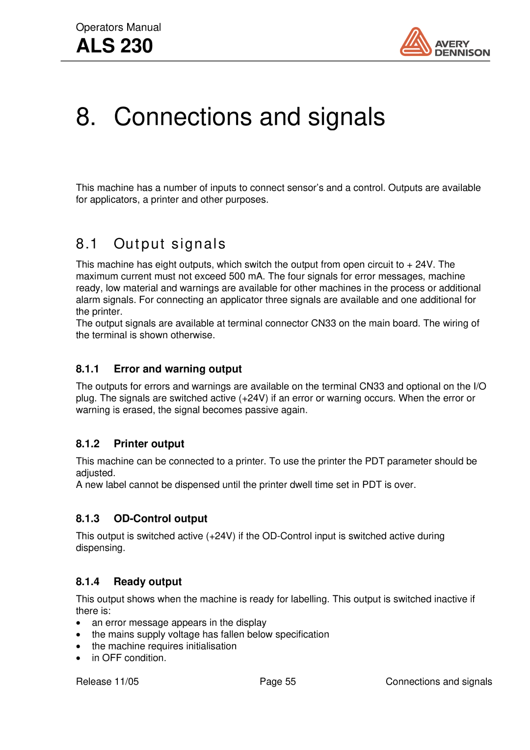 Avery ALS 230 manual Connections and signals, Output signals 