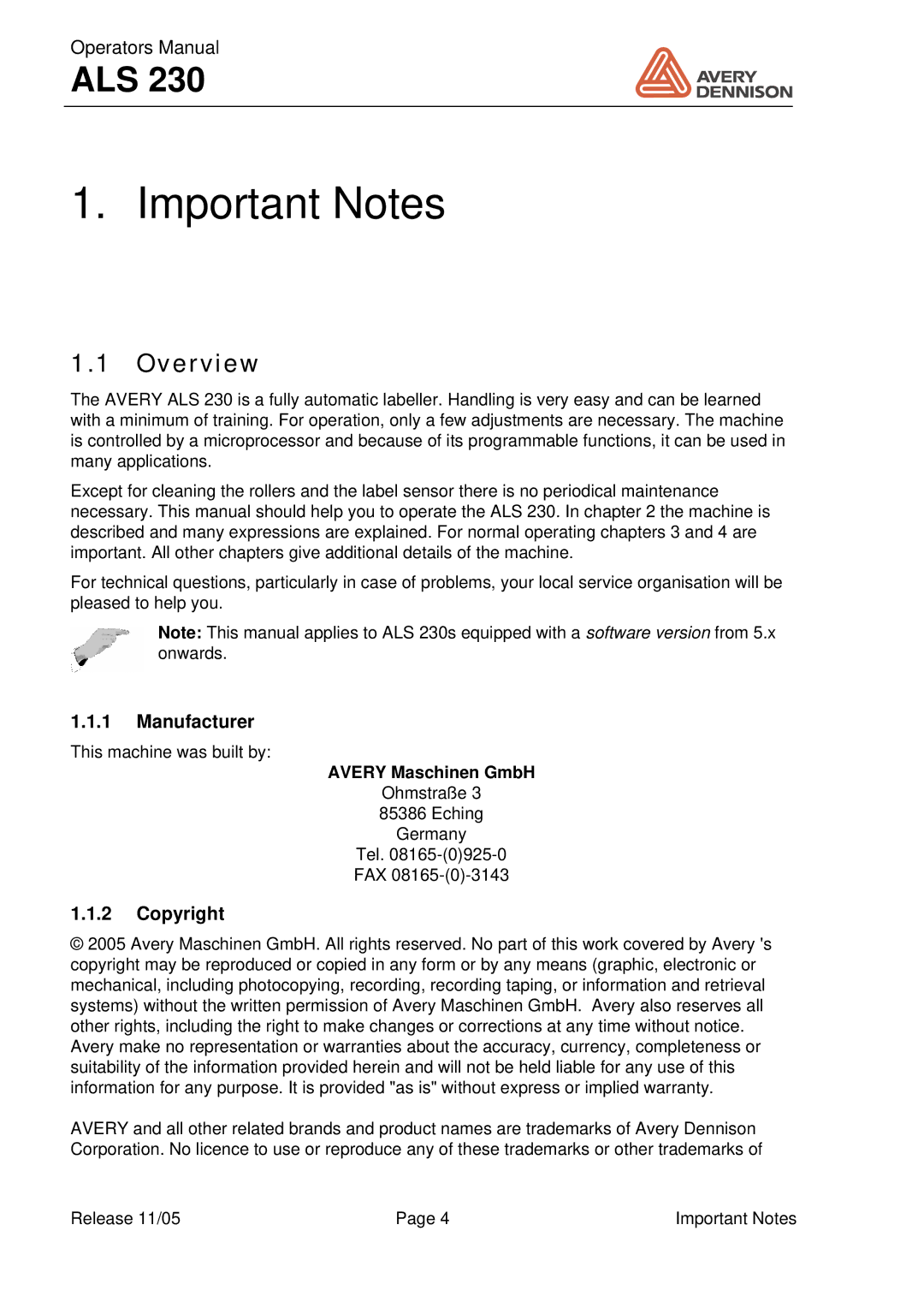 Avery ALS 230 manual Important Notes, Overview, Manufacturer, Copyright, Avery Maschinen GmbH 