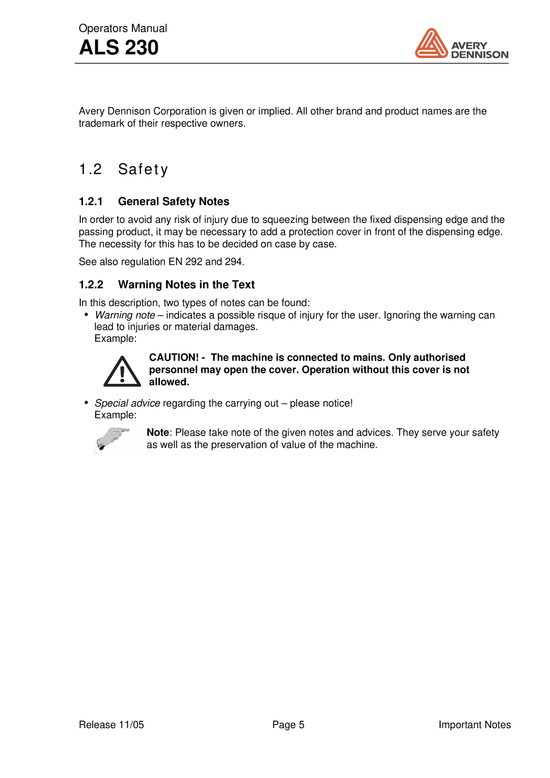 Avery ALS 230 manual General Safety Notes 