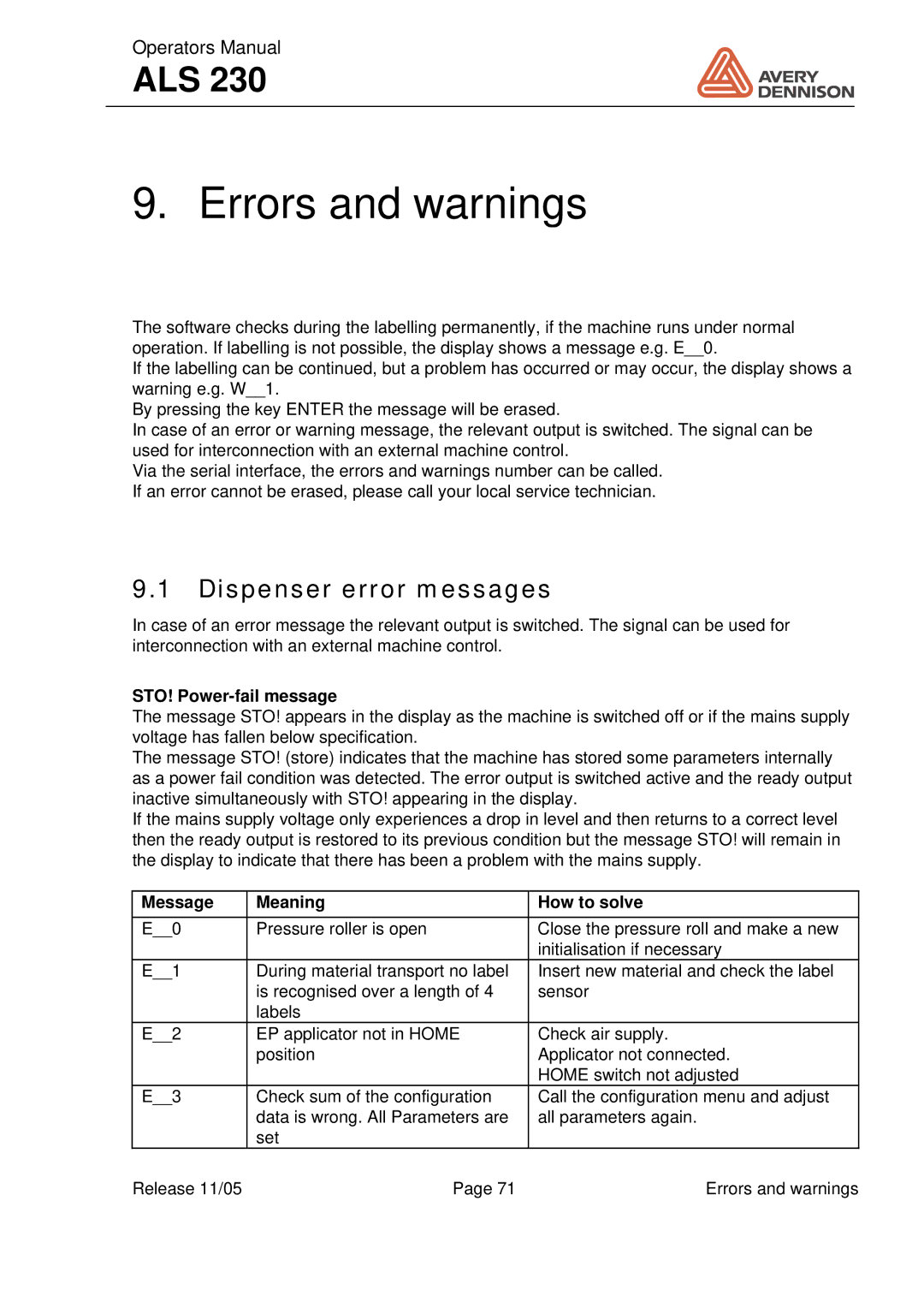 Avery ALS 230 manual Errors and warnings, Dispenser error messages, STO! Power-fail message, Message Meaning How to solve 