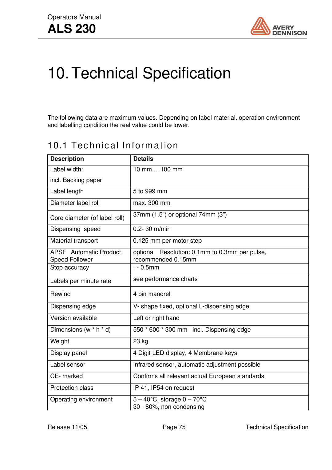 Avery ALS 230 manual Technical Specification, Technical Information, Description Details 