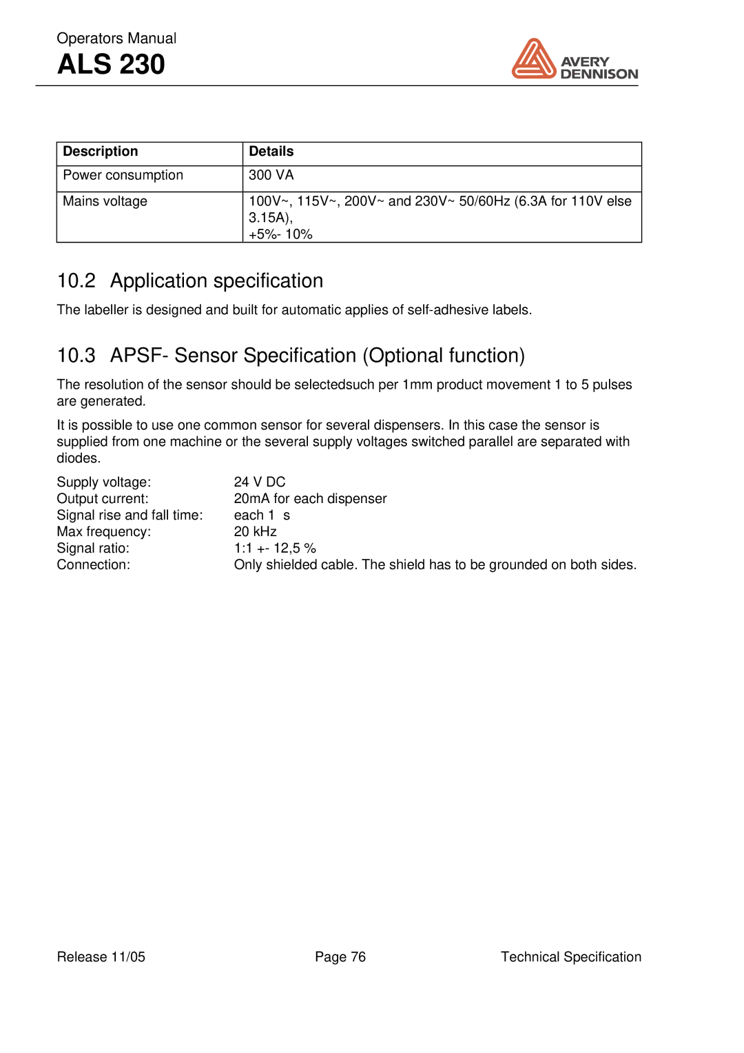 Avery ALS 230 manual Application specification, APSF- Sensor Specification Optional function 