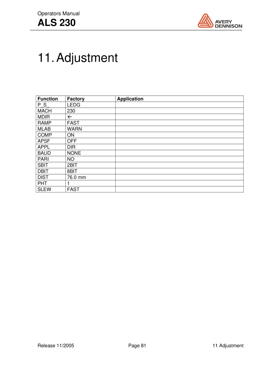 Avery ALS 230 manual Adjustment, Function Factory Application 