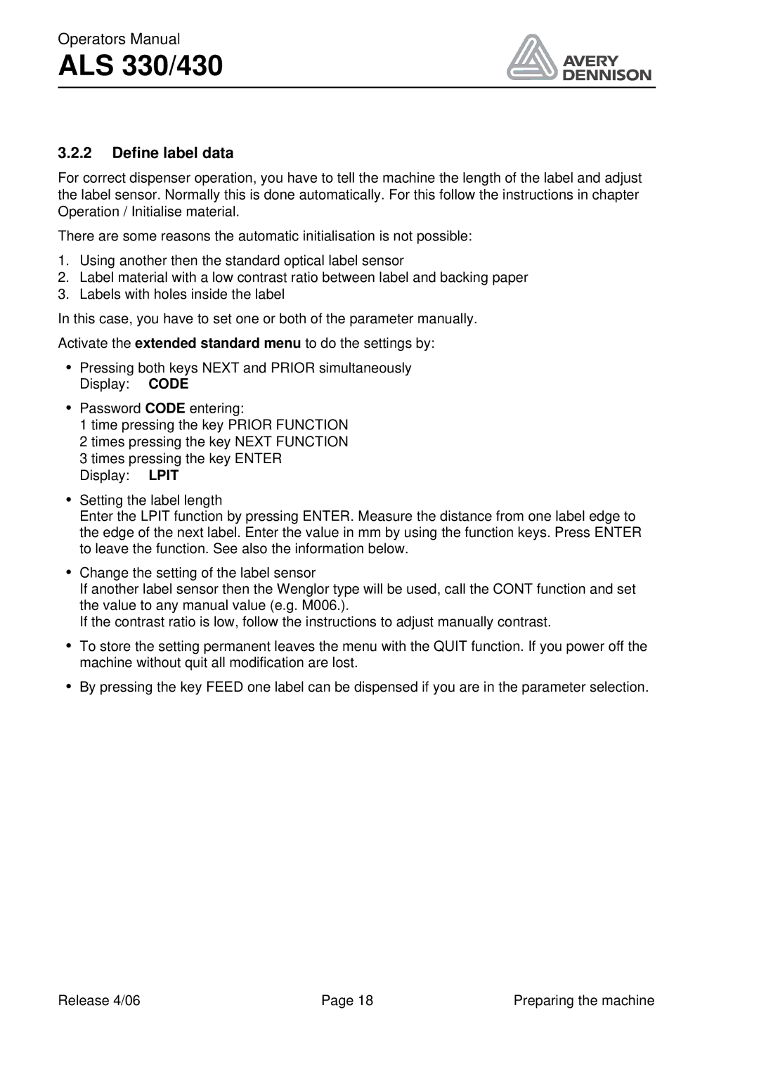 Avery ALS 330/430 manual Define label data 