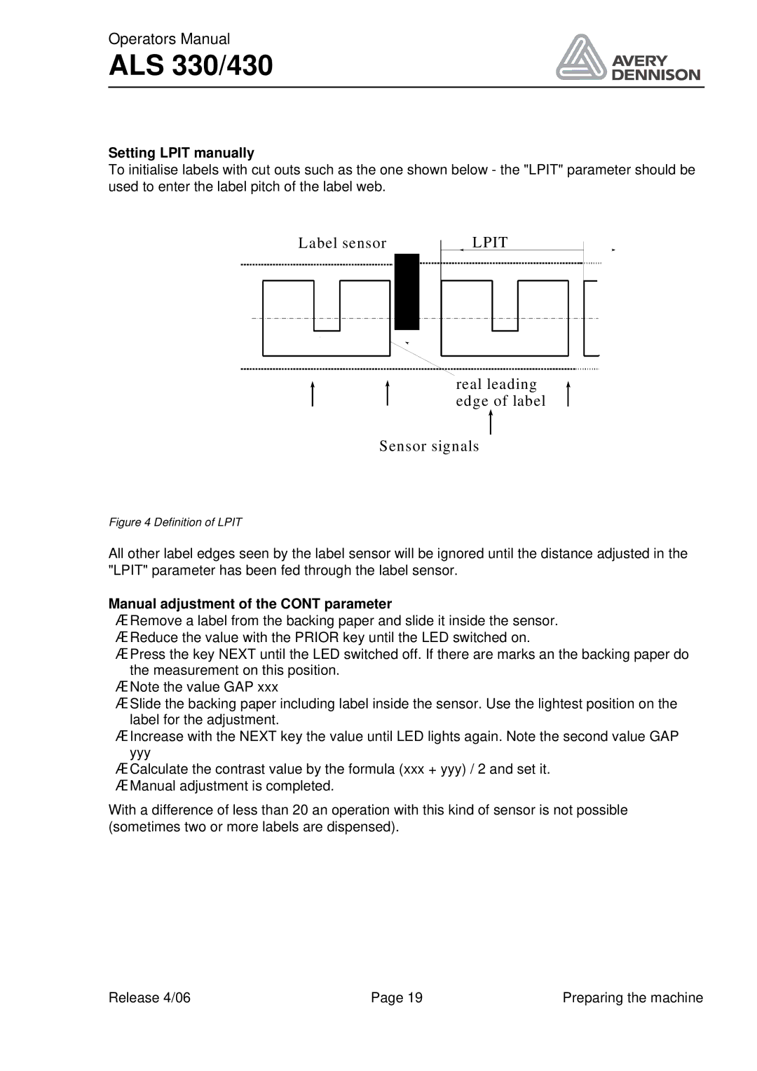 Avery ALS 330/430 Setting Lpit manually, Manual adjustment of the Cont parameter 