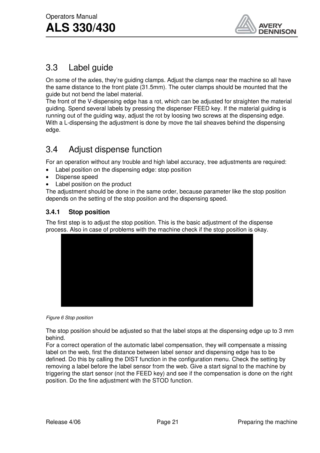 Avery ALS 330/430 manual Label guide, Adjust dispense function, Stop position 