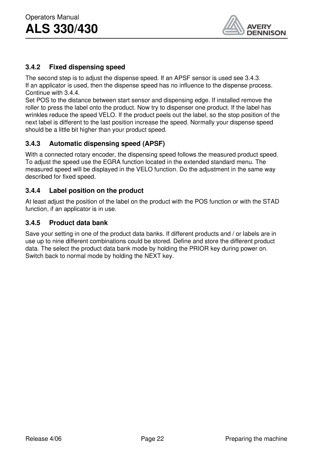 Avery ALS 330/430 manual Fixed dispensing speed, Automatic dispensing speed Apsf, Label position on the product 