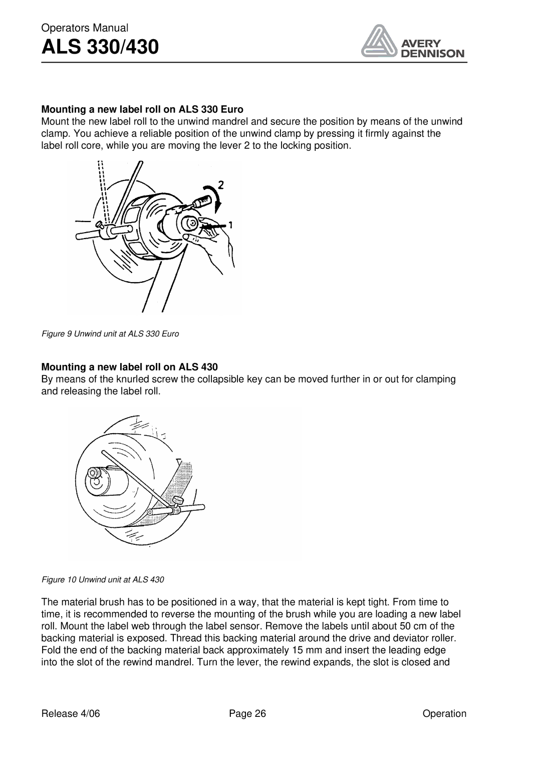 Avery ALS 330/430 manual Mounting a new label roll on ALS 330 Euro 