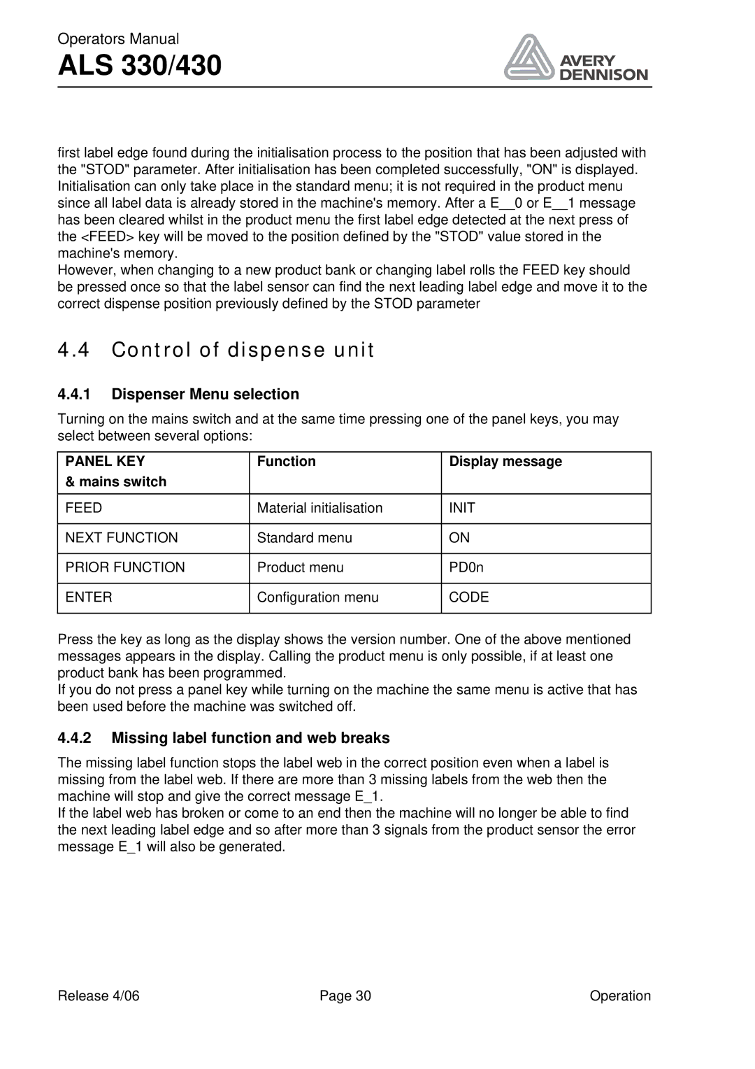 Avery ALS 330/430 manual Control of dispense unit, Dispenser Menu selection, Missing label function and web breaks 