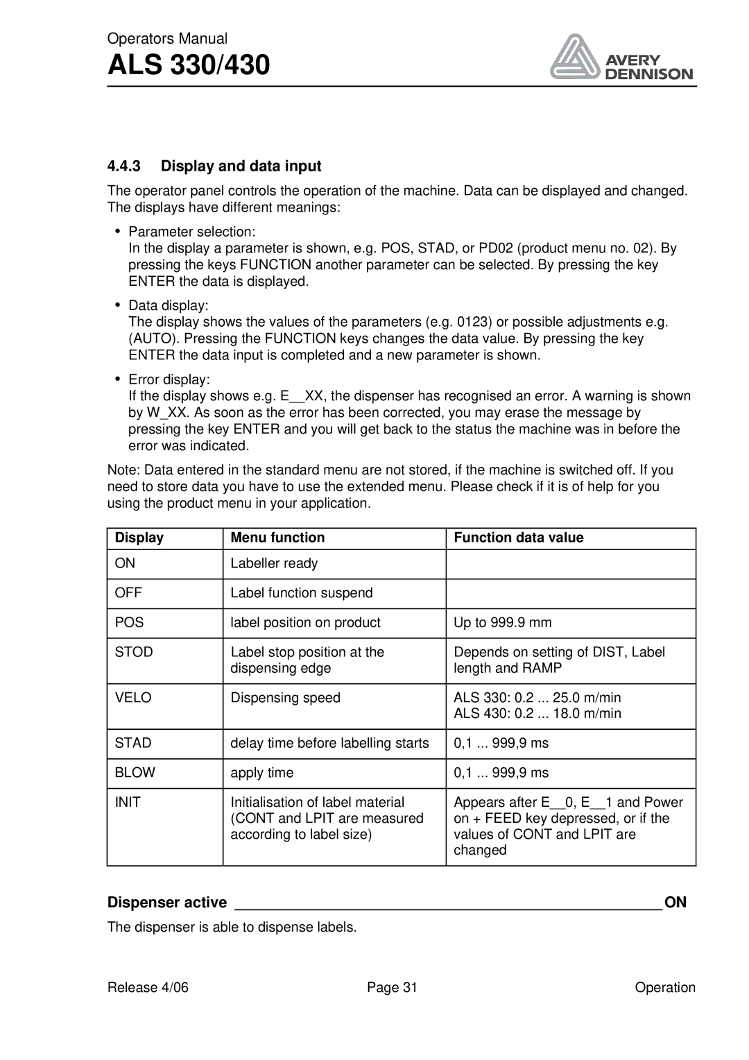 Avery ALS 330/430 manual Display and data input, Dispenser active on, Display Menu function Function data value 