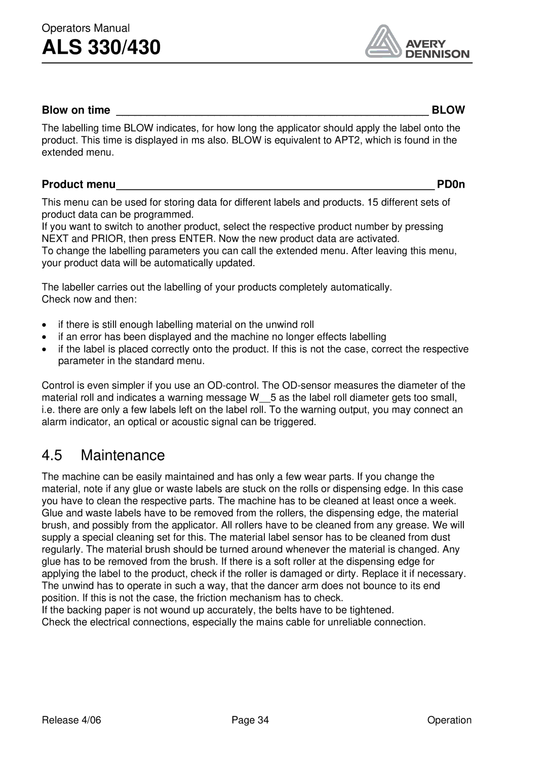 Avery ALS 330/430 manual Maintenance, Blow on time Blow, Product menu PD0n 