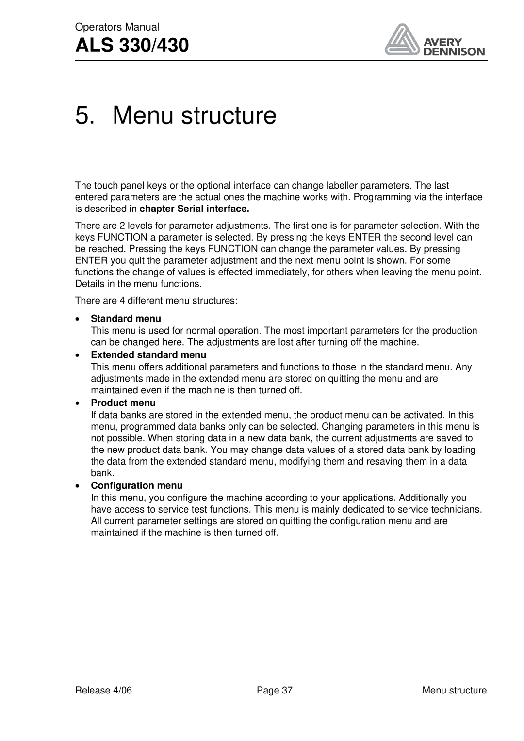 Avery ALS 330/430 manual Menu structure, Standard menu, Extended standard menu, Product menu, Configuration menu 