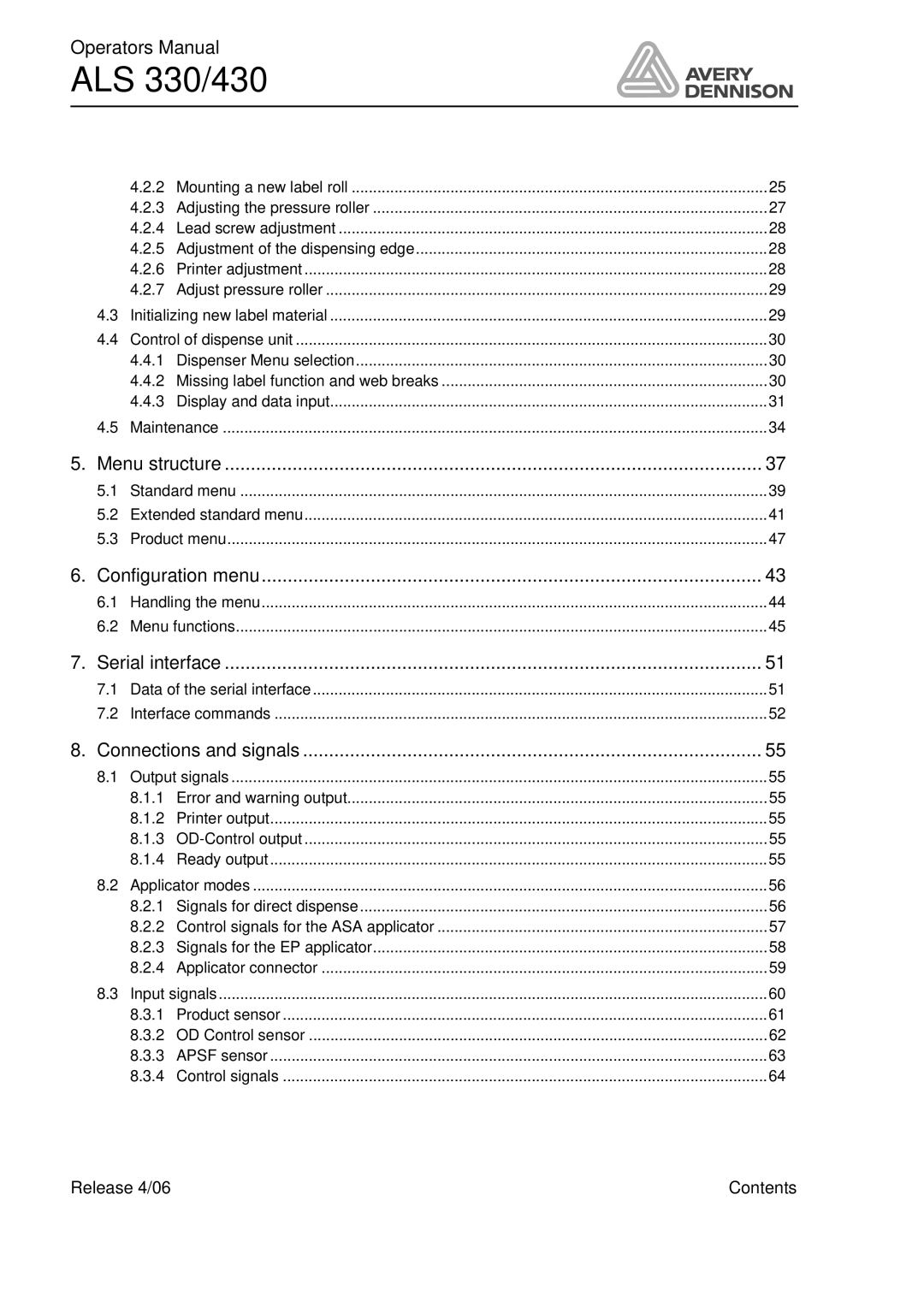 Avery ALS 330/430 manual Menu structure 