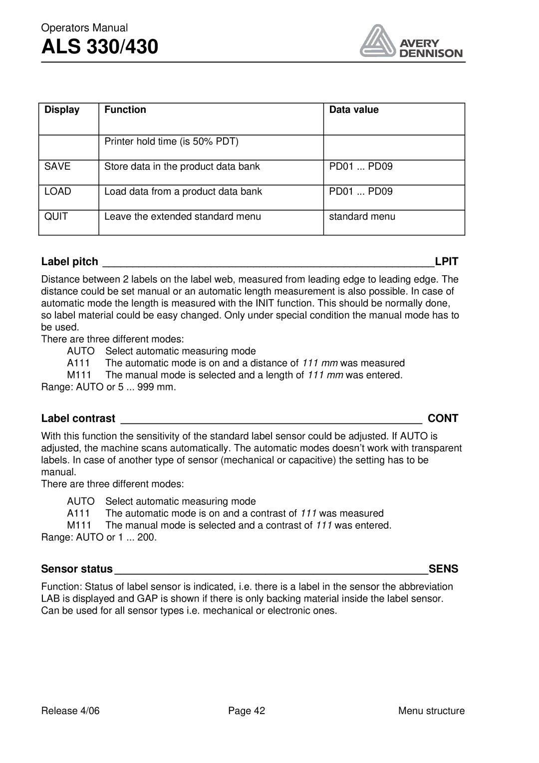 Avery ALS 330/430 manual Label pitch Lpit, Label contrast, Sensor status Sens 